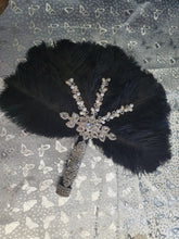 Load image into Gallery viewer, Black Feather Fan wedding bouquet, Ostrich feather crystal hand fan bouquet by Crystal wedding uk
