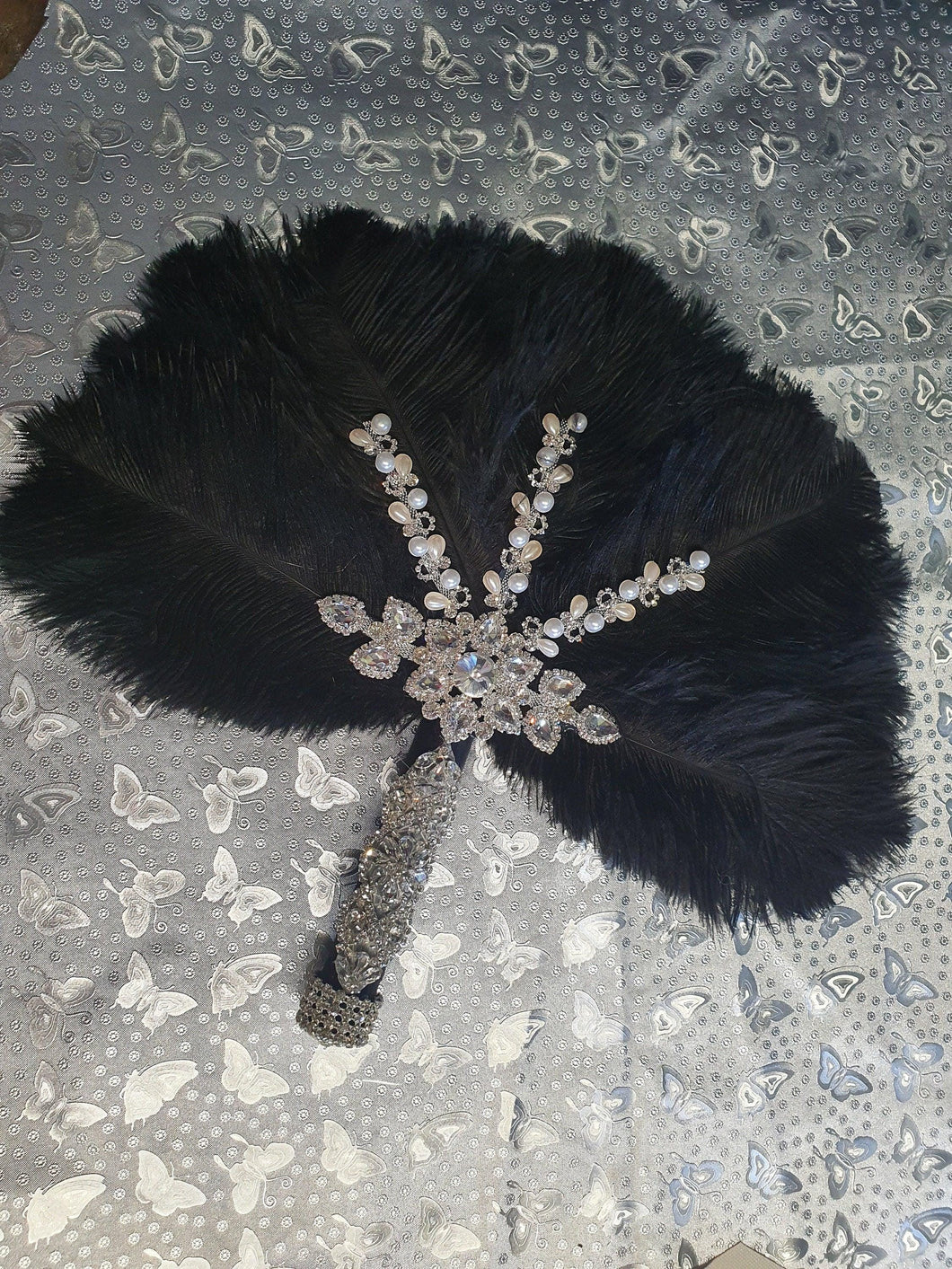 Black Feather Fan wedding bouquet, Ostrich feather crystal hand fan bouquet by Crystal wedding uk