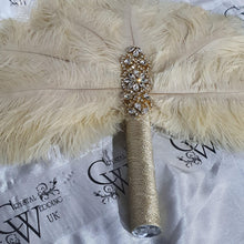 Load image into Gallery viewer, Brides lvory Feather 14in Fan, personalised brooch bouquet, Alternative Bouquet artificial by Crystal wedding uk
