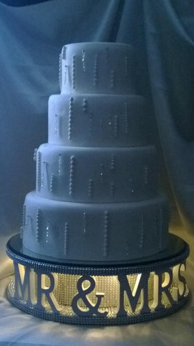 Mr & Mrs + personalised with wedding date- REAL CRYSTAL stones covered wedding cake stand + lights by Crystal wedding uk