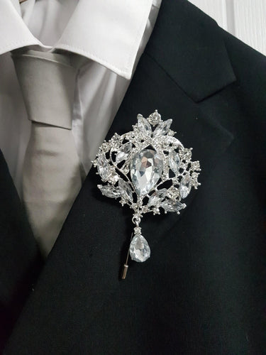 Groom Boutonniere, buttonhole. Ladies dress corsage, Silver brooch rhinestone drop, Wedding Buttonhole Pin. by Crystal wedding uk