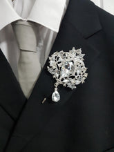 Load image into Gallery viewer, Groom Boutonniere, buttonhole. Ladies dress corsage, Silver brooch rhinestone drop, Wedding Buttonhole Pin. by Crystal wedding uk
