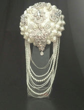 Load image into Gallery viewer, Crystal and pearl brooch bouquet with pearl &amp; rhinestone drape by Crystal wedding uk
