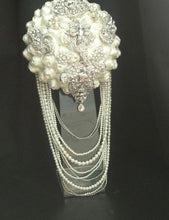 Load image into Gallery viewer, Crystal and pearl brooch bouquet with pearl &amp; rhinestone drape by Crystal wedding uk
