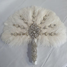 Load image into Gallery viewer, Ostrich Feather Fan bouquet with Genuine crystal detail- alternative Bouquet Great Gatsby wedding style, Artificial wedding bouquet
