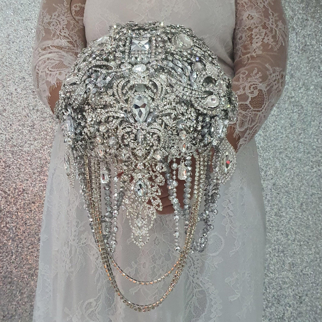 Brooch bouquet, 7" Jewel crystal wedding bouquet + grooms buttonhole Bridal Brooch Bouquet, cascade Jewel bouquet by Crystal wedding uk