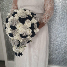 Load image into Gallery viewer, Navy brooch bouquet with artifical foam roses by Crystal wedding uk
