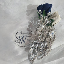 Load image into Gallery viewer, Navy brooch bouquet with artifical foam roses by Crystal wedding uk
