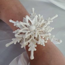 Load image into Gallery viewer, Snowflake wrist corsage for a Winter wedding Wrist 3D Corsage - by Crystal wedding uk
