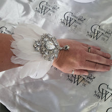 Load image into Gallery viewer, Feather wrist corsage,The Great Gatsby 1920's feather rhinestone brooch.

