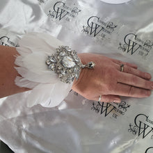 Load image into Gallery viewer, Feather wrist corsage,The Great Gatsby 1920's feather rhinestone brooch.
