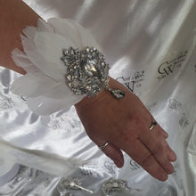 Load image into Gallery viewer, Feather wrist corsage,The Great Gatsby 1920's feather rhinestone brooch.

