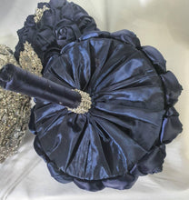 Load image into Gallery viewer, BROOCH BOUQUET brooch bouquet navy fabric flower Alternative jewel wedding bouquet. - Silver, rose gold or Gold tone by Crystal wedding uk
