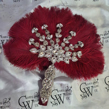 Load image into Gallery viewer, Burgundy wine feather fan bouquet, Great Gatsby wedding style 1920&#39;s - any colour as custom made by Crystal wedding uk
