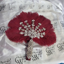 Load image into Gallery viewer, Burgundy wine feather fan bouquet, Great Gatsby wedding style 1920&#39;s - any colour as custom made by Crystal wedding uk
