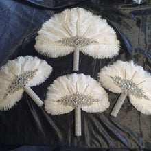 Load image into Gallery viewer, Set of 4 Feather Fan bouquets, Ostrich feathers,Great Gatsby wedding style 1920's - any colour as custom made
