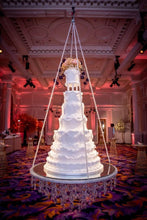 Load image into Gallery viewer, Luxury cake swing,Suspended FAUX CRYSTAL chandelier cake platform, mirror top +remote controlled LED by Crystal wedding uk
