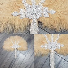 Load image into Gallery viewer, Feather wedding Fan gold Ostrich feather Gatsby fan 1920&#39;s bouquet by Crystal wedding uk
