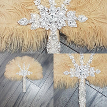 Load image into Gallery viewer, Feather wedding Fan gold Ostrich feather Gatsby fan 1920's bouquet by Crystal wedding uk
