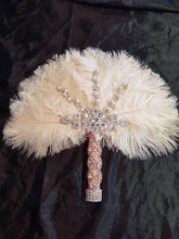 Load image into Gallery viewer, Feather wedding Fan gold Ostrich feather Gatsby fan 1920&#39;s bouquet by Crystal wedding uk
