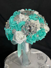 Load image into Gallery viewer, Brooch Bouquet,Robins egg blue, duck egg blue teel rose bouquet. by Crystal wedding uk
