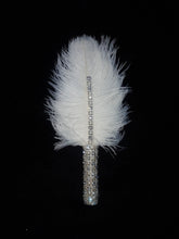 Load image into Gallery viewer, Feather buttonhole Boutonnière, Crystal rhinestone &amp; pearl for jacket lapel Great Gatsby wedding style -ANY COLOUR by Crystal wedding uk
