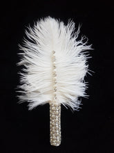 Load image into Gallery viewer, Feather buttonhole Boutonnière, Crystal rhinestone &amp; pearl for jacket lapel Great Gatsby wedding style -ANY COLOUR by Crystal wedding uk
