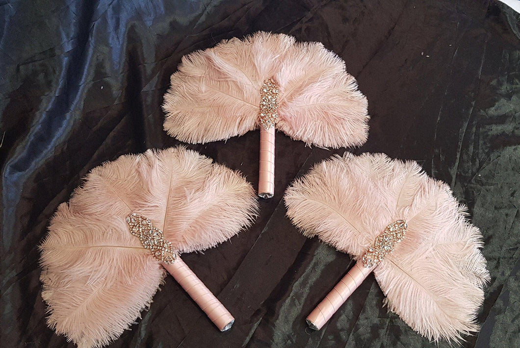 3 X Ostrich Feather Fan. BLUSH FEATHERS- size 12" Bridesmaids fan bouquets for wedding by Crystal wedding uk