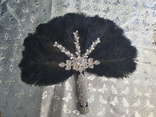 Load image into Gallery viewer, Black Feather Fan wedding bouquet, Ostrich feather crystal hand fan bouquet by Crystal wedding uk
