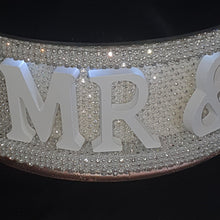 Load image into Gallery viewer, Mr &amp; Mrs + personalised with wedding date- REAL CRYSTAL stones covered wedding cake stand + lights by Crystal wedding uk
