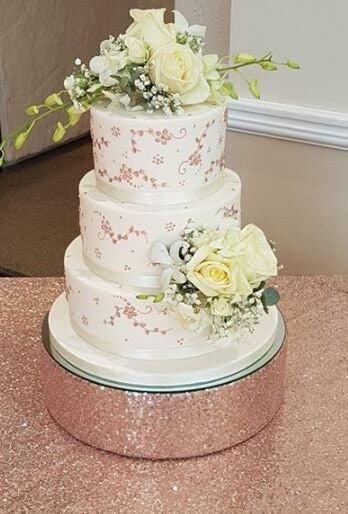 Rose gold SEQUIN blush cake stand by Crystal wedding uk