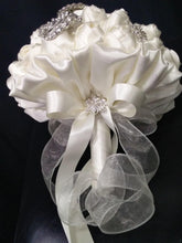 Load image into Gallery viewer, Crystal and pearl brooch bouquet with pearl &amp; rhinestone drape by Crystal wedding uk
