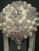 Load image into Gallery viewer, Crystal and pearl brooch bouquet with pearl &amp; rhinestone drape by Crystal wedding uk
