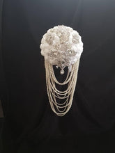 Load image into Gallery viewer, Crystal and pearl brooch bouquet with pearl &amp; rhinestone drape by Crystal wedding uk
