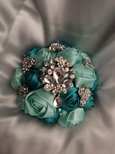 Load image into Gallery viewer, Bridesmaid Satin rose &amp; crystal brooch bouquet by Crystal wedding uk
