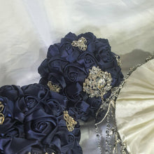 Load image into Gallery viewer, Bridesmaid Satin rose &amp; crystal brooch bouquet by Crystal wedding uk
