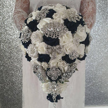 Load image into Gallery viewer, Navy brooch bouquet with artifical foam roses by Crystal wedding uk
