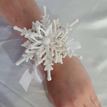 Load image into Gallery viewer, Snowflake wrist corsage for a Winter wedding Wrist 3D Corsage - by Crystal wedding uk
