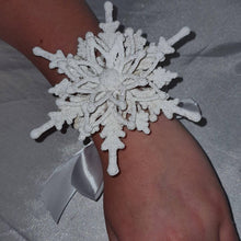 Load image into Gallery viewer, Snowflake wrist corsage for a Winter wedding Wrist 3D Corsage - by Crystal wedding uk
