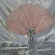 Load image into Gallery viewer, Blush Feather Fan, silver bouquet. luxury Bridal Ostrich Feather Fan, Bridal Bouquet, Great Gatsby wedding style. Any colour
