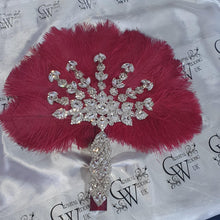 Load image into Gallery viewer, Burgundy wine feather fan bouquet, Great Gatsby wedding style 1920&#39;s - any colour as custom made by Crystal wedding uk
