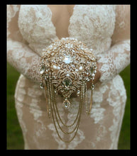 Load image into Gallery viewer, Gold Crystal Brooch Wedding Bouquet + Boutonniere: Handmade Bridal Cascade
