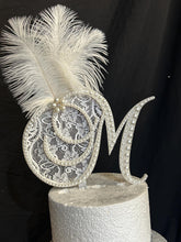 Load image into Gallery viewer, Pearl Monogram Cake Topper: Lace &amp; Feather, Gatsby Style Initial (6")
