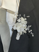 Load image into Gallery viewer, Ivory flower boutionerre lapel pin for groom and groomsmen, bouquet by crystal wedding uk

