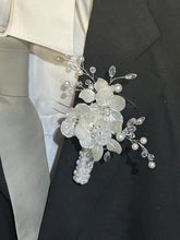 Load image into Gallery viewer, Ivory flower boutionerre lapel pin for groom and groomsmen, bouquet by crystal wedding uk

