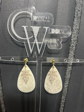 Load image into Gallery viewer, Handmade Ivory Clay Flower Bridal Earrings: Cubic Zirconia, Sterling Silver
