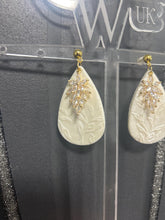 Load image into Gallery viewer, Handmade Ivory Clay Flower Bridal Earrings: Cubic Zirconia, Sterling Silver
