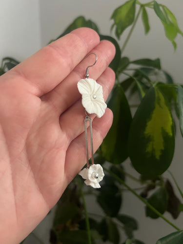 Handmade White Floral Polymer Clay Earrings: Gold Bar Dangle Bridal Jewelry