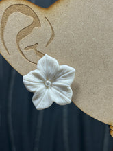 Load image into Gallery viewer, Handmade White Flower pearl Earrings - Delicate Clay Flowers Stud Earrings by Crystal wedding UK
