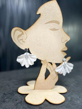 Load image into Gallery viewer, Handmade White Fan Petal Earrings – Delicate and floaty Clay Flowers with Swarovski Crystals – Elegant Stud Earrings – by Crystal wedding UK
